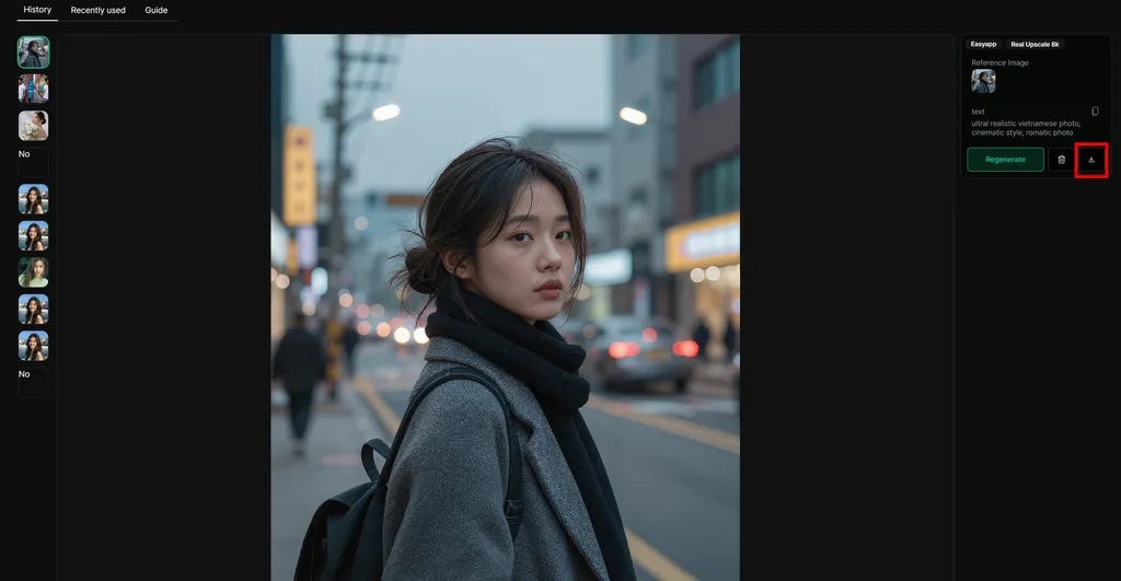 생성 결과와 오른쪽 정보 패널의 다운로드 아이콘