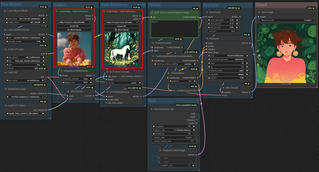Flux.1 Dev USO로 참조 이미지의 스타일과 피사체를 유지하는 워크플로우